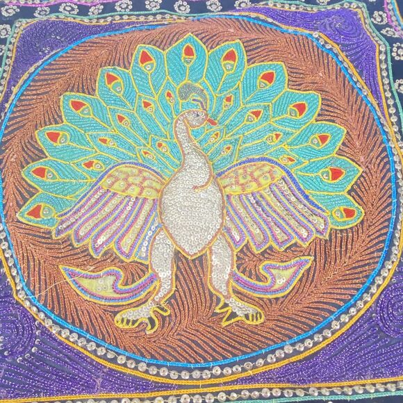 Vintage Hand Embroidered and Sequined Peacock Pillow Cover 21" - Picture 2 of 4